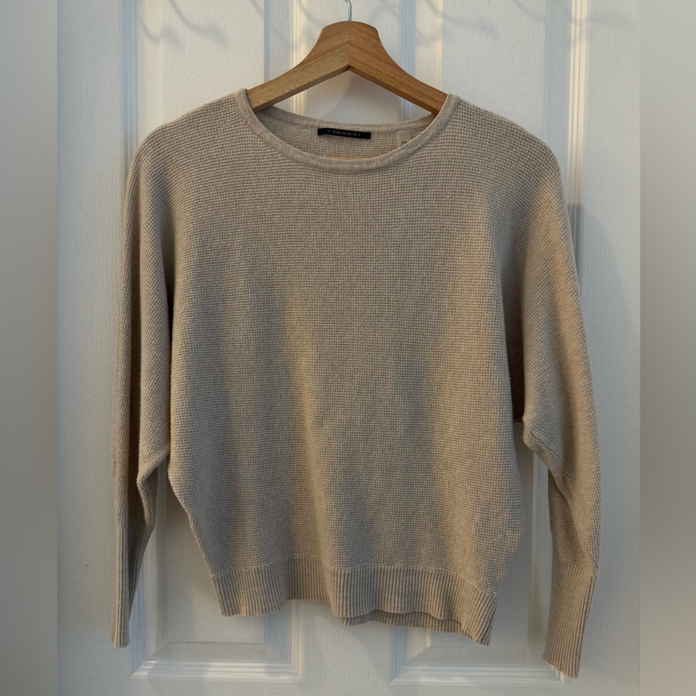 Tahari Women’s Sweater Beige Dolman 3/4 Sleeve Soft Waffle Knit